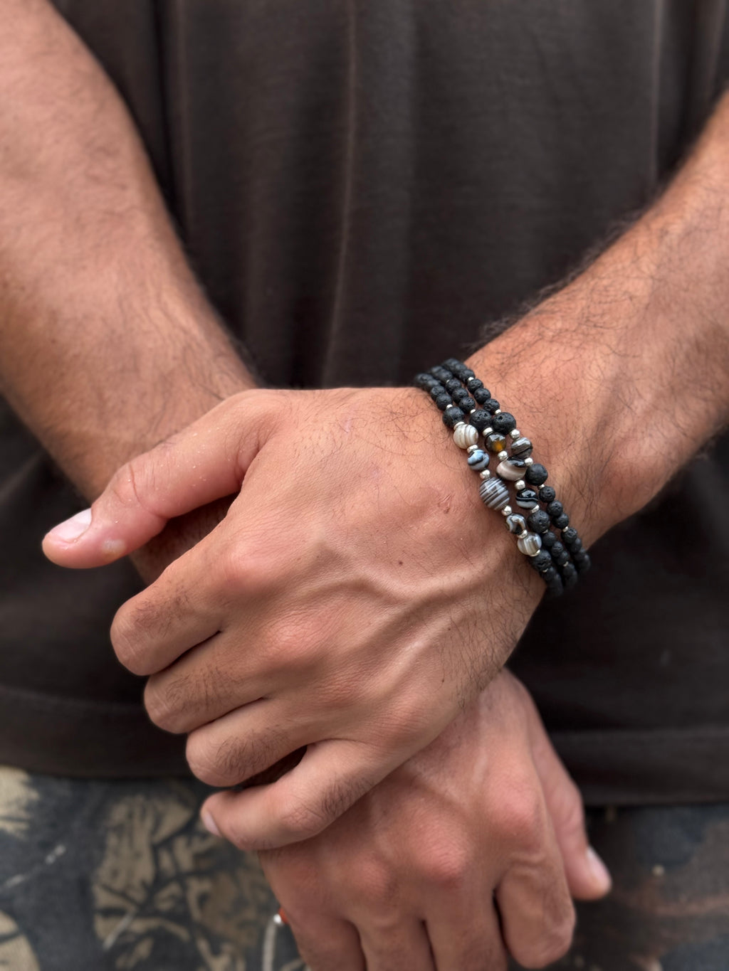 triple lava and agate beads bracelet