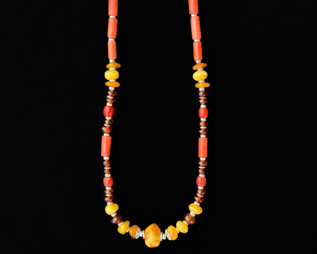 Red Coral Necklace with Amber Center