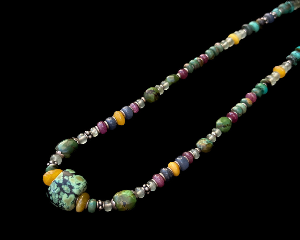 Tibetan Turquoise Necklace with Ruby, Sapphire & Aquamarine