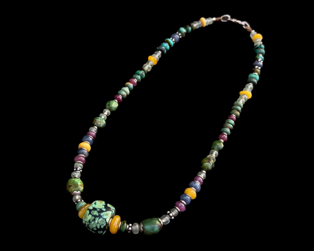 Tibetan Turquoise Necklace with Ruby, Sapphire & Aquamarine