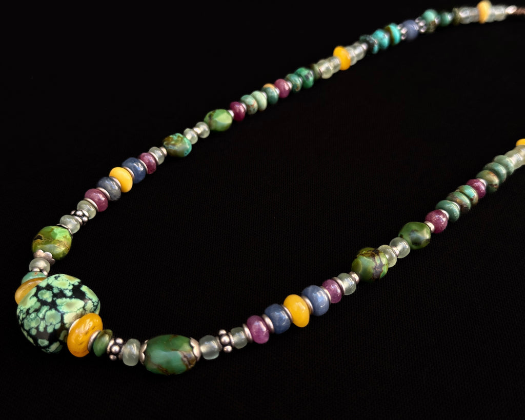 Tibetan Turquoise Necklace with Ruby, Sapphire & Aquamarine