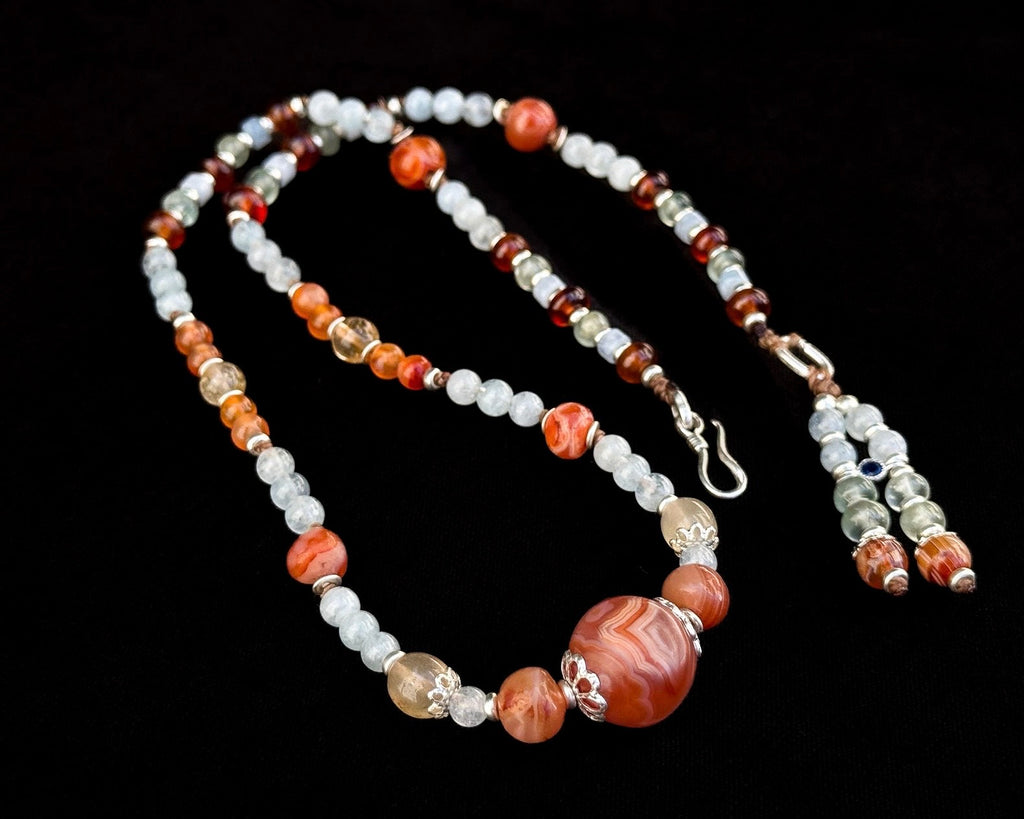 Carnelian Necklace with Aquamarine Gemstones