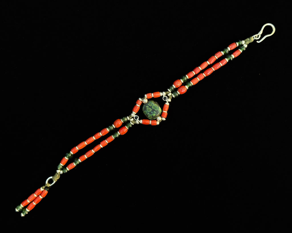 Red coral beads bracelet with tibetan turquoise and jade