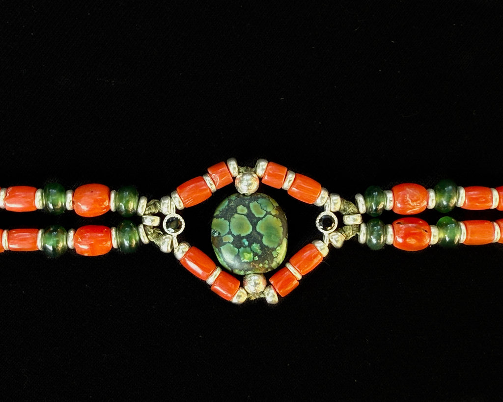 Red coral beads bracelet with tibetan turquoise and jade