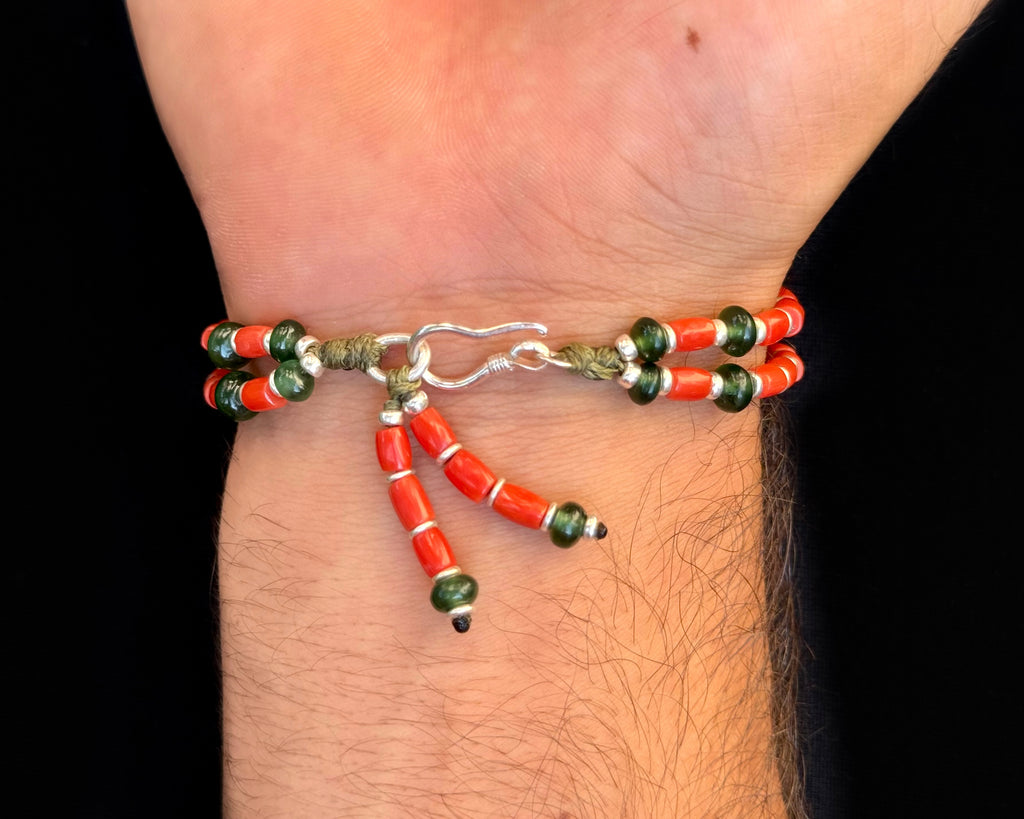 Red coral beads bracelet with tibetan turquoise and jade