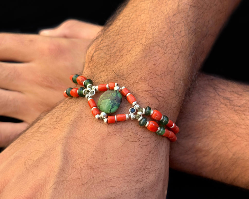Red coral beads bracelet with tibetan turquoise and jade