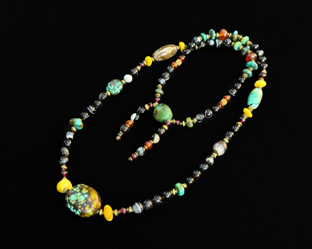 Black Agate Necklace with Tibetan Turquoise center