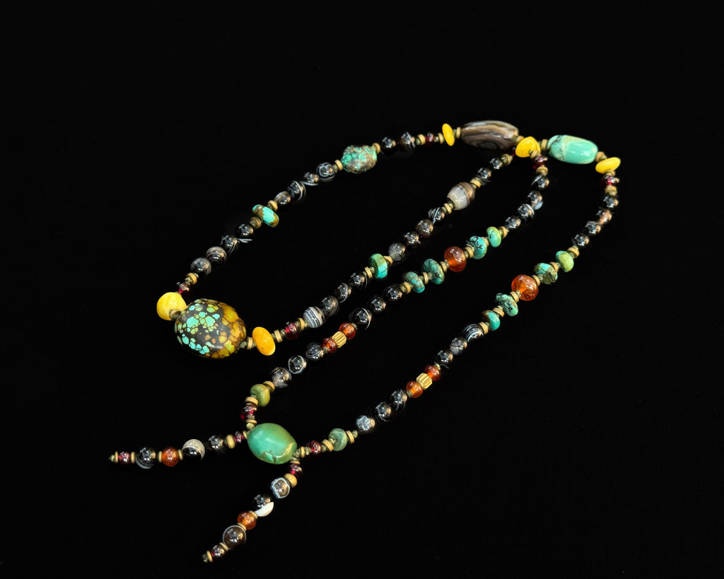 Black Agate Necklace with Tibetan Turquoise center