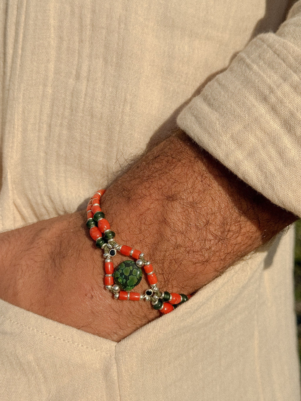 Red coral beads bracelet with tibetan turquoise and jade